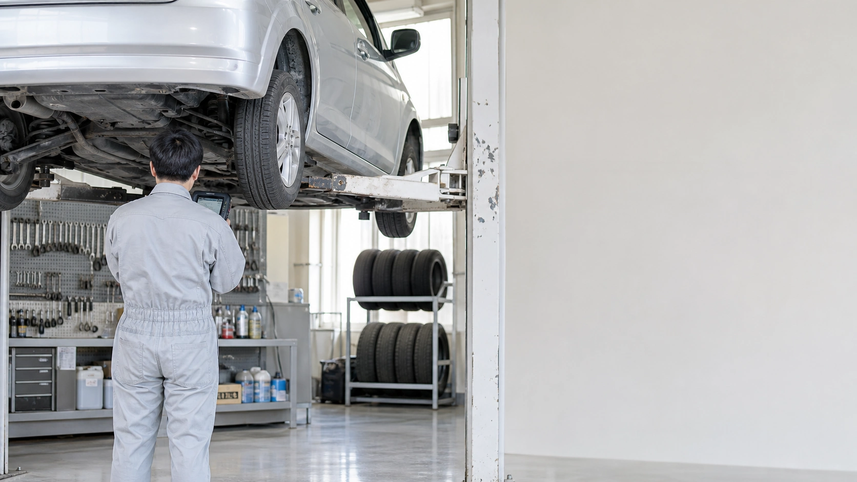 2柱リフトに上がった車の下回りをスキャンツールで点検する整備士の後ろ姿
