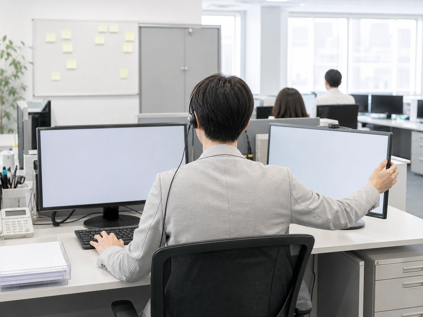 電話対応をしながら別の案件も見ているコンサルタントの後ろ姿