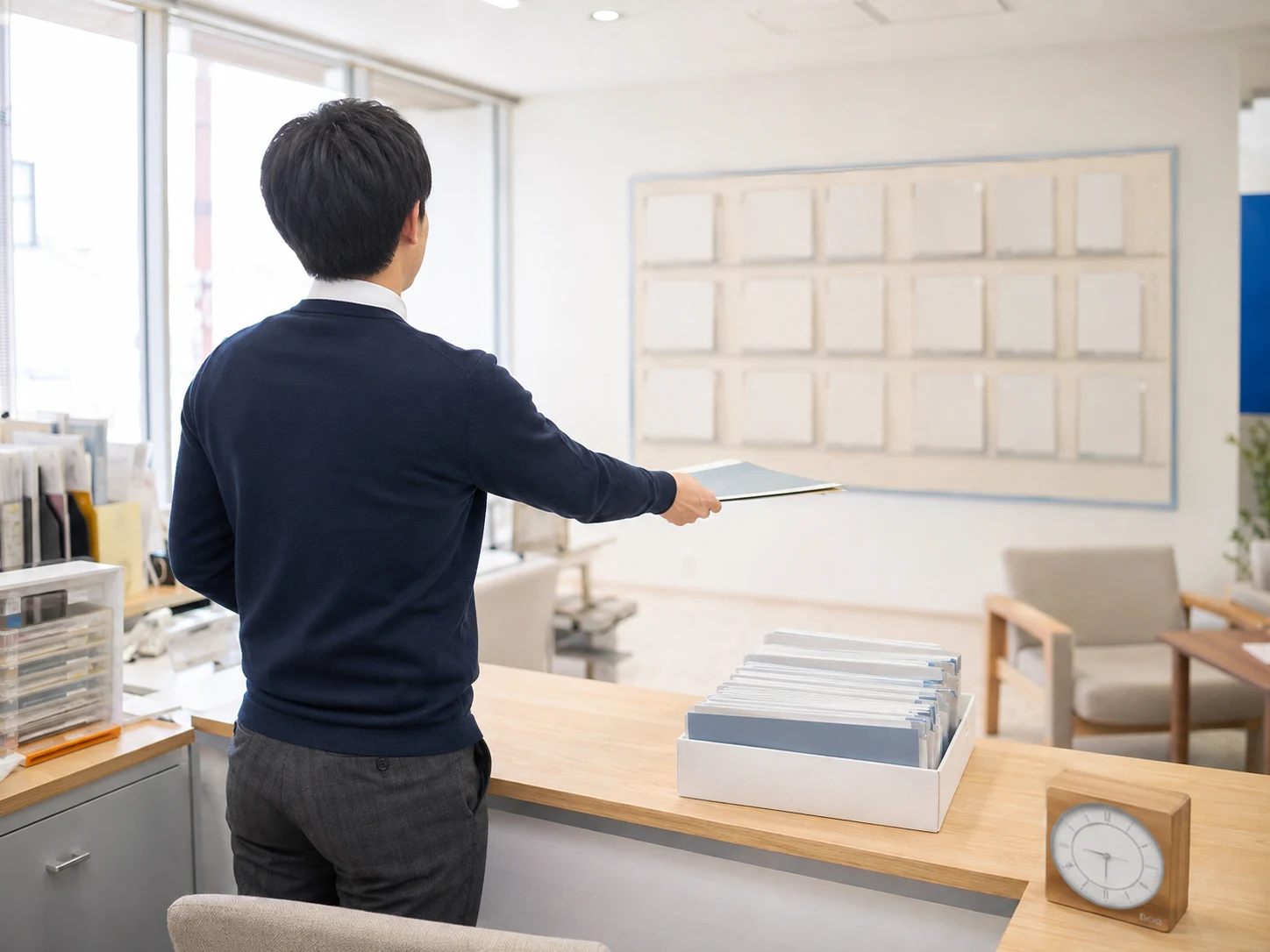 不動産会社の執務スペースで物件資料と契約書類を同時にさばくスタッフの後ろ姿